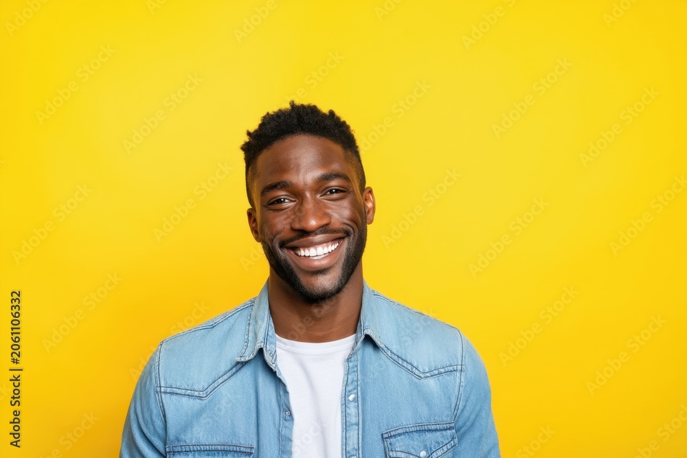 Obraz premium The Smiling Man in a Denim Jacket Against a Bright Yellow Background