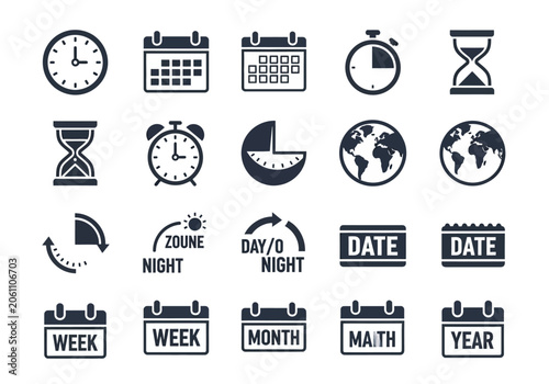 Black time management and calendar scheduling icons.