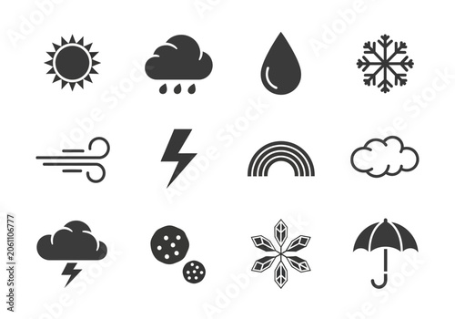 Black weather forecast and climate symbols set.