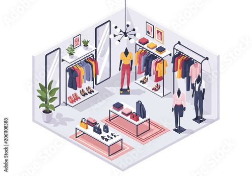 Φωτογραφία An isometric view of a boutique clothing store featuring mannequins garment rack