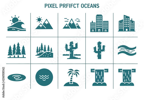 Cyan nature landscape and environmental scenery icon set.