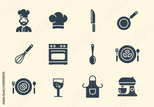 Dark blue kitchen and culinary icon set for chefs.