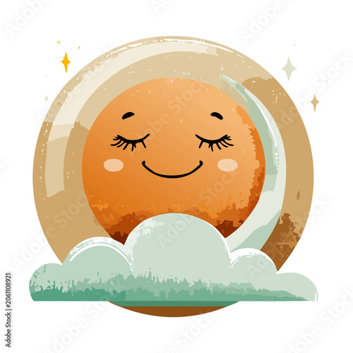 Smiling Sun with Clouds and Horizon Illustration