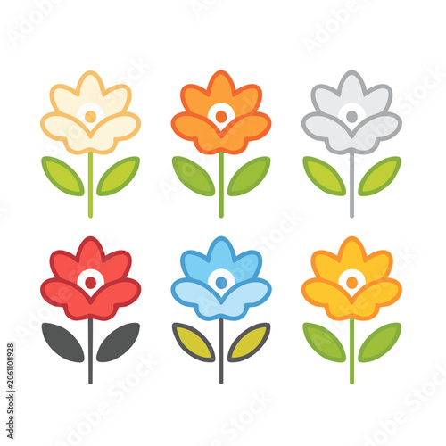 Set of six colorful flat design flowers on white background