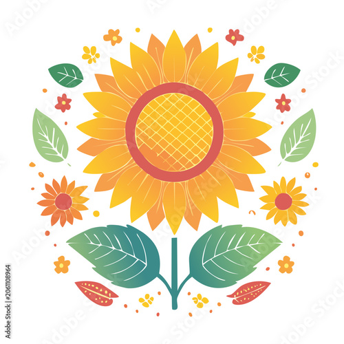 Stylized sunflower illustration with leaves and small flowers