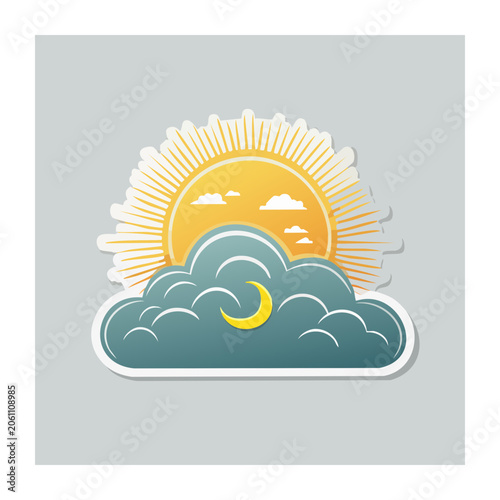 Sun and Moon with Clouds Flat Illustration