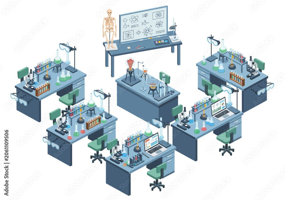 Fototapeta premium Isometric illustration of a scientific laboratory with five desks a skeleton and chemical equipment