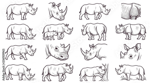 Fotografie Collection of Hand Drawn Rhinoceros Illustrations in Various Poses
