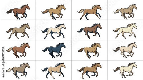 Bild auf Leinwand Collection of Horse Illustrations in Various Poses and Colors.