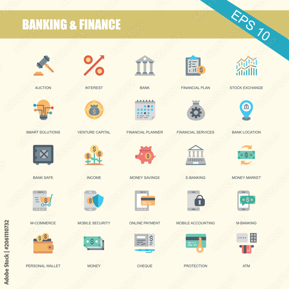 Naklejka premium Modern banking and finance icon set for secure online financial transactions