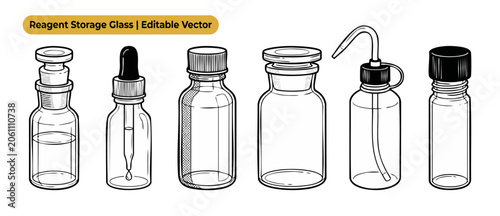 Canvastavla Laboratory glass bottle vector set featuring reagent storage glassware, dropper, wash bottle, and vial icons for science experiment and chemistry research designs in a clean minimalist line art style