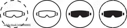 Modern safety glasses icons, perfectly structured for laboratory hazard warnings and eye protection security graphics, containing clean flat vector illustration