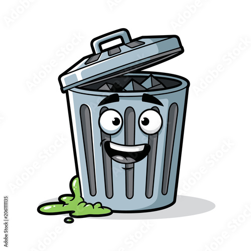 Happy cartoon trash can with green slime dripping.
