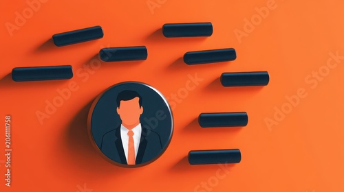 Businessman profile icon appears on an orange background with floating dark rectangular elements.