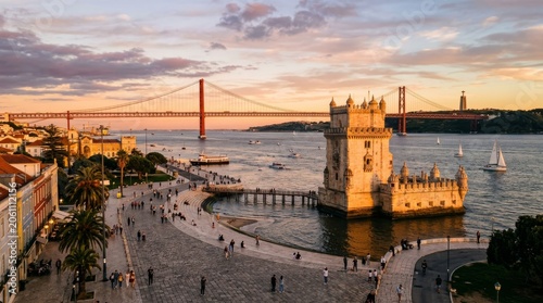 Lisbon Belem Tower and 25 de Abril Bridge at Sunset © Weiming