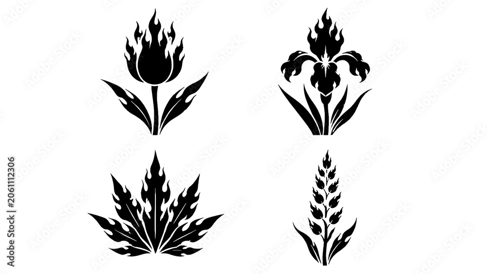 Obraz premium Black floral silhouette set with flame shaped decorative plants