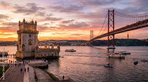 Belem Tower and 25 de Abril Bridge at sunset, Lisbon, Portugal