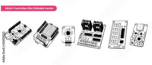 Microcontroller vector circuit board icons of electronic prototype components, DIY hardware development boards like microprocessors, sensors, breadboards, and segment displays for tech projects.