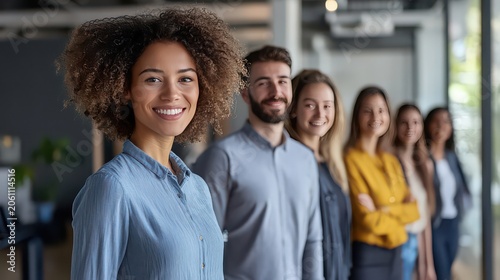 Workplace team members pose together in an office setting to highlight a diverse and friendly staff.