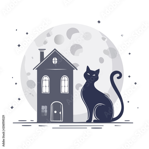 Black cat and house under full moon illustration