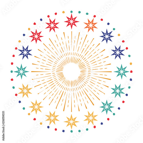 Circular starburst with colorful stars and dots