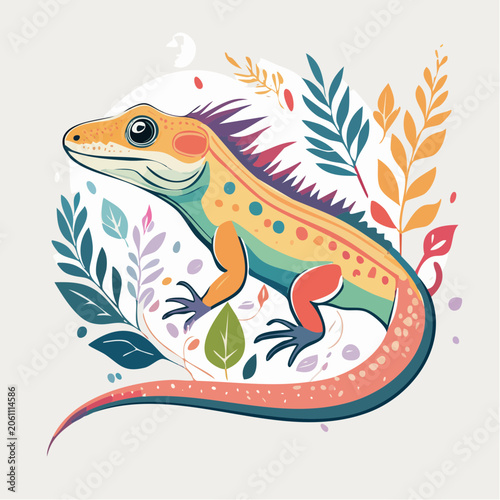 Colorful Cartoon Lizard Illustration with Floral Elements