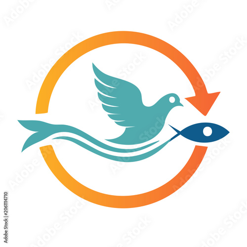Dove and fish symbol with circle and waves