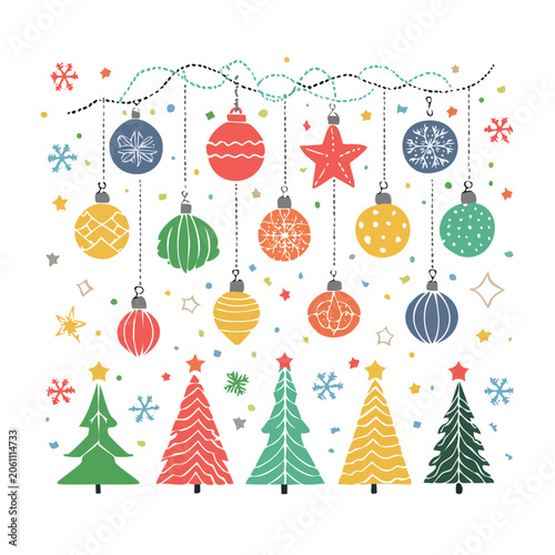 Flat design Christmas ornaments and trees with snowflakes