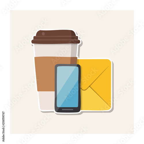 Flat design illustration of coffee cup smartphone and envelope