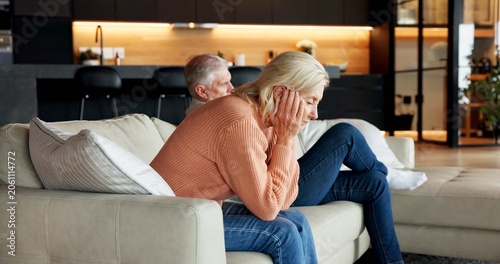 Quadro su tela Woman, thinking and senior couple in conflict for infidelity, silent treatment and manipulation