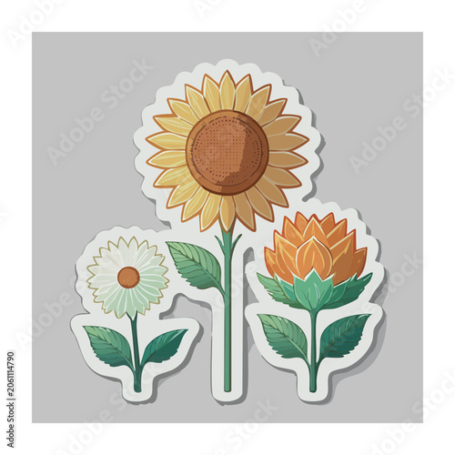 Flat Design Sunflower and Flowers Sticker Illustration