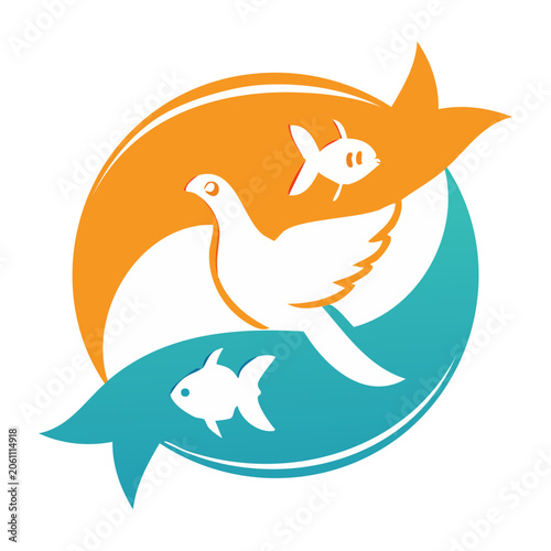 White dove and fish in orange and teal circular design