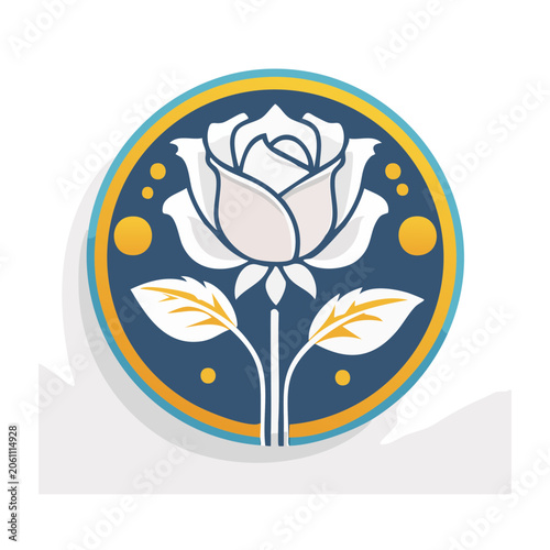 White rose emblem with blue and gold circular frame