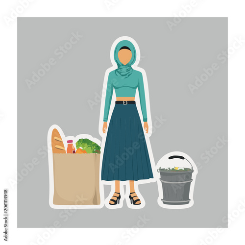 Woman with shopping bag and bucket in flat design