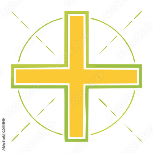 Yellow and green cross symbol with circle and lines