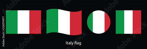 Italy Flag Vector Illustration Set Featuring Italian National Flags in Standard Rectangle, Waving, Round Circle, and Flat Icons Style, Isolated Design Elements on Black Background.