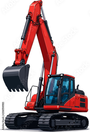 Картината върху платно Red Crawler Excavator Construction Machine Illustration With Long Arm And Diggin