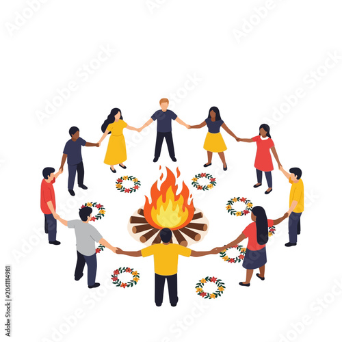 Isometric flat vector illustration of diverse people holding hands and dancing in a circle around a campfire with flower wreaths