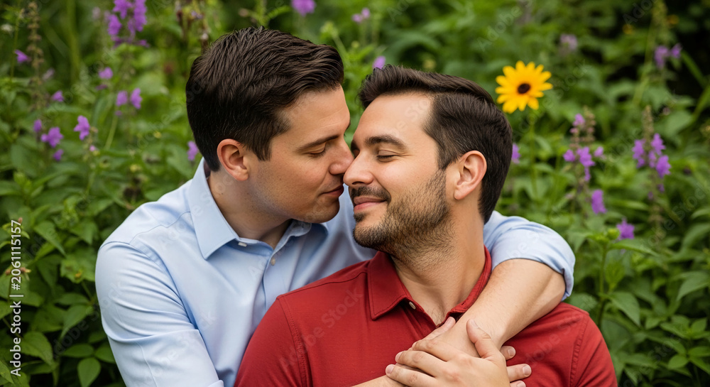 Fototapeta premium Two men in a tender embrace amidst lush green foliage, symbolizing love, connection, and natural beauty, ideal for lifestyle or relationship themes