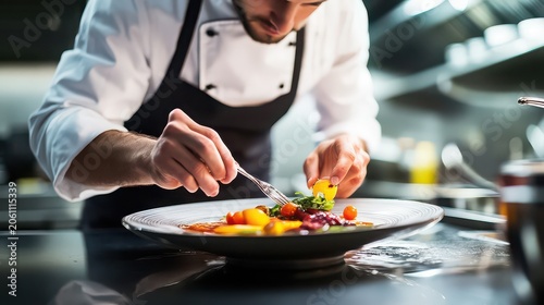 Chef adds a small piece of garnish to a colorful plate of food while working in a busy restaurant kitchen.