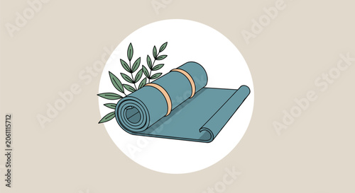 Rolled up blue yoga mat with green leaves in a circular frame for sports and wellness activities.