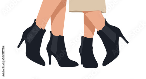 Lower half of four women wearing stylish black leather ankle boots with high heels on a white background.