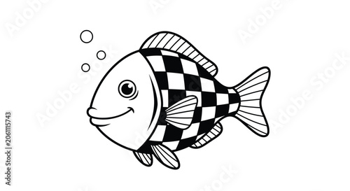 Friendly cartoon fish character with a black and white checkered body pattern swimming with air bubbles.