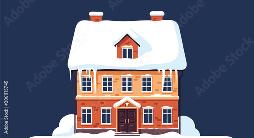 Beautiful red brick house covered in deep white snow with large icicles hanging from the roof at night.