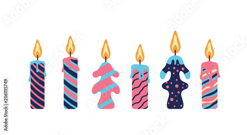 Collection of six colorful birthday candles with various patterns like stripes, dots, and zigzags for party.