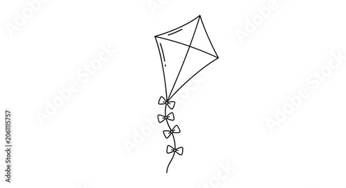 Simple black and white line art of a traditional diamond shaped kite with several bows on its tail.