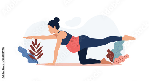 Pregnant woman practicing a yoga pose on a mat for health, wellness, and prenatal care in a calm setting.