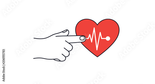 Human hand points at a bright red heart symbol with an integrated heart rate pulse line for medical health concept.