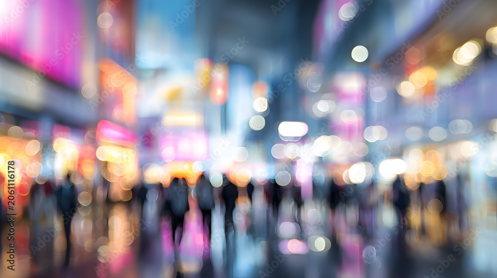 Fototapeta premium blurred busy city street crowd at night with colorful neon lights