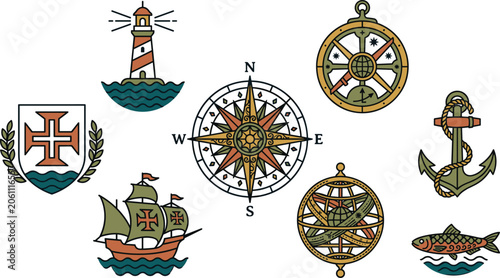 Vintage Nautical Maritime Navigation and Portuguese Exploration Icon Set Featuring Caravel Ship Compass Rose Astrolabe Lighthouse Anchor and Armillary Sphere Vector Elements